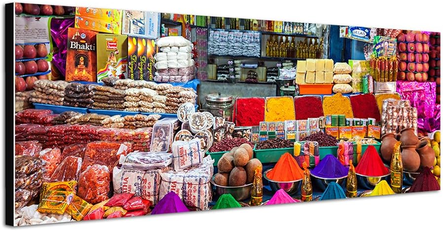 Paul Sinus Art Panoramabild auf Leinwand und Keilrahmen 150x50cm Indien Delhi Marktstand Gewürze bun