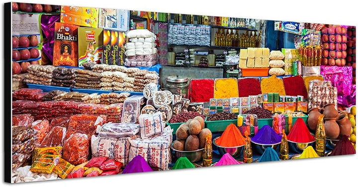 Paul Sinus Art Panoramabild auf Leinwand und Keilrahmen 150x50cm Indien Delhi Marktstand Gewürze bun