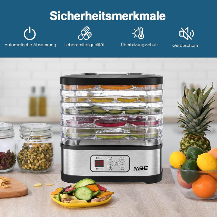 YASHE GGJ-261B Dörrautomat mit LED-Display, Temperaturregelung 35-70°C & 72-Stunden-Timer, 5 höhenve