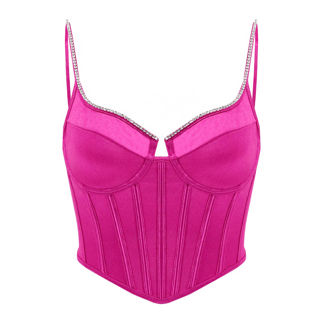 Naimo Damen Seide Satin Top Strass Korsett Bustier Cami Sexy Ärmellos Spaghettiträger Crop Tank Top