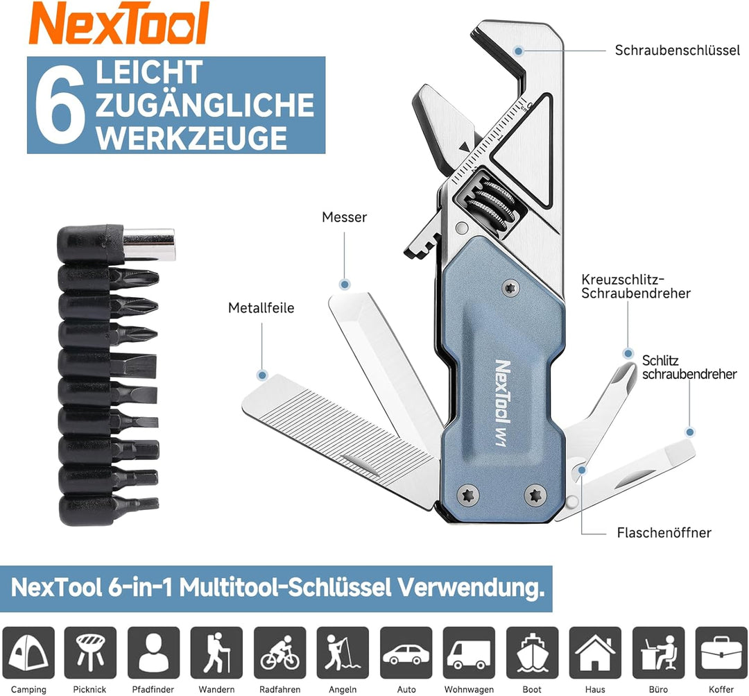 NexTool W1 MultiTool, 6 IN 1 Rollgabelschlüssel Multitool Werkzeug Multi Tool Faltbare Zange mit Nyl