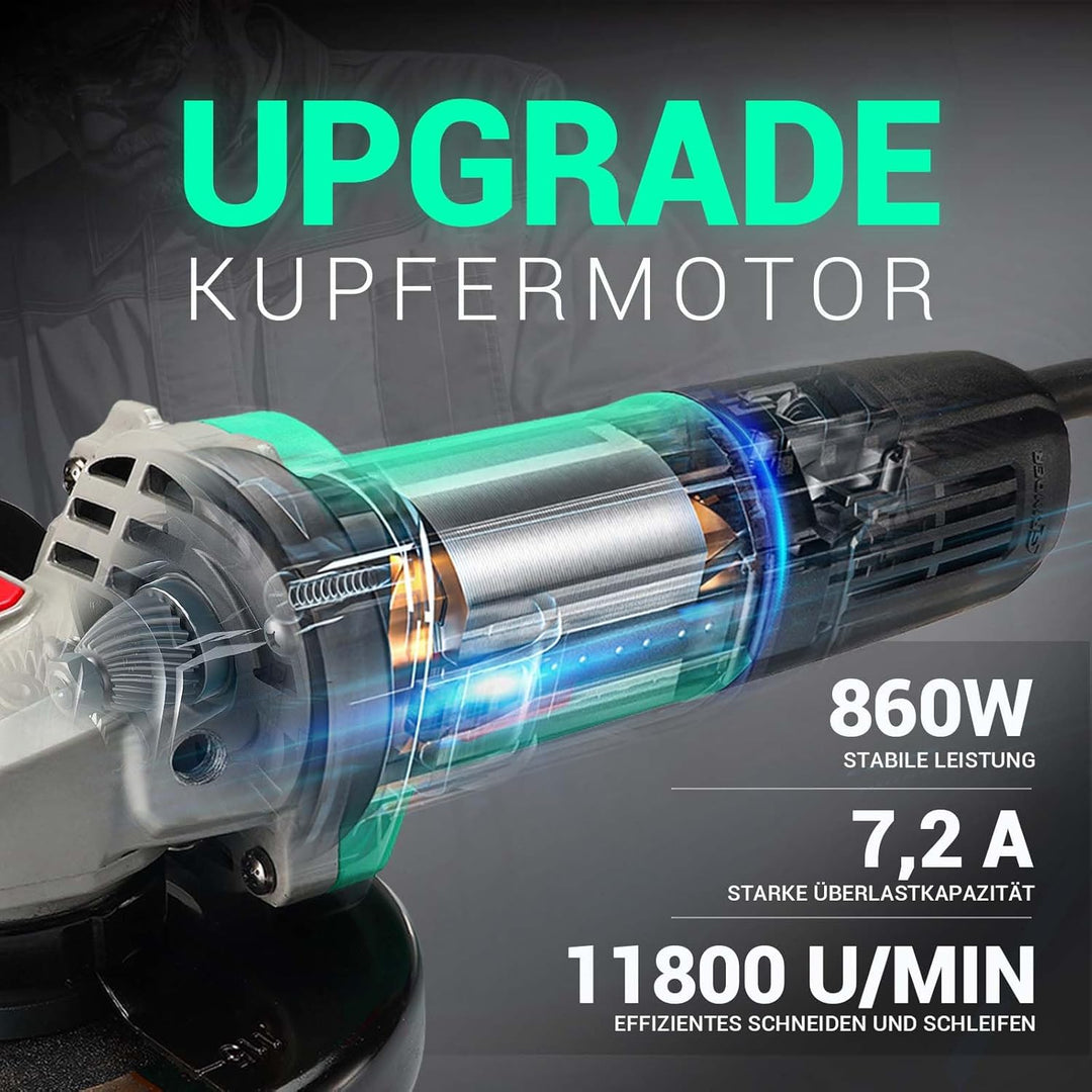 DCA 860W Winkelschleifer 125 mm, 11.800 min⁻¹, Ultraschlanker Griff (178 mm Griffumfang), Kompaktes