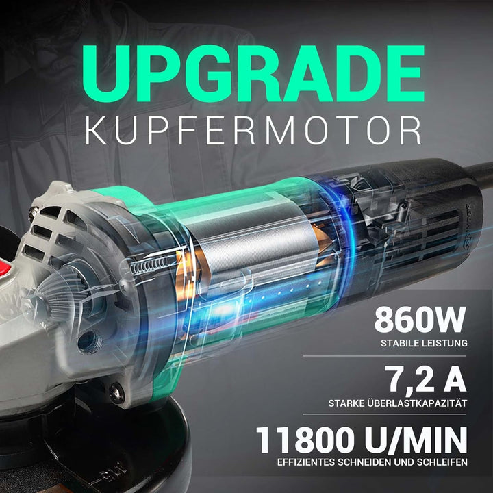 DCA 860W Winkelschleifer 125 mm, 11.800 min⁻¹, Ultraschlanker Griff (178 mm Griffumfang), Kompaktes