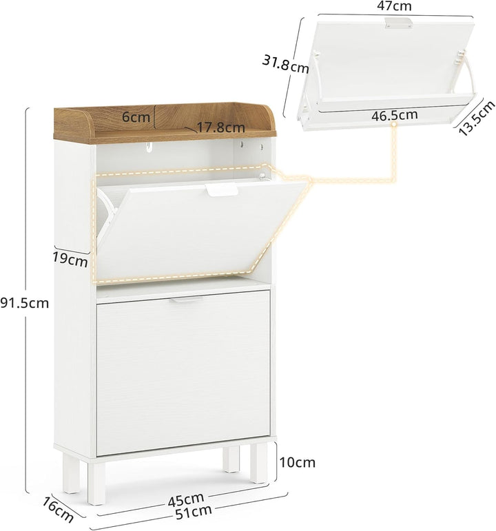 LUE BONA Schuhschrank schmal, Schuhschrank mit 2 Flip-Klappen, Schuhkipper mit Holzfüssen, Schuhrega