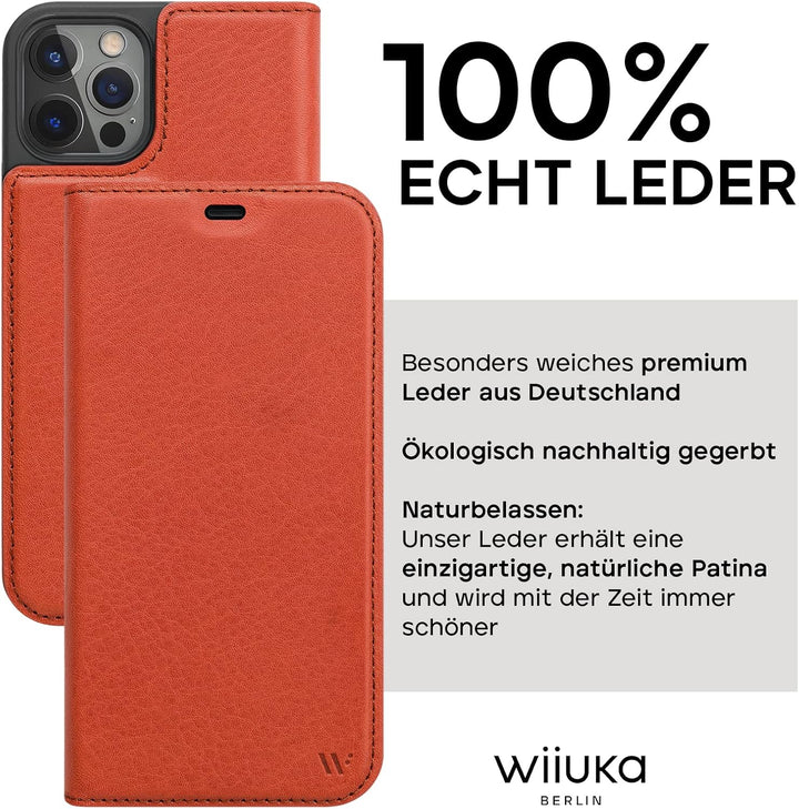 WIIUKA Hülle für iPhone 12/12 Pro Lederhülle, Deutsches Premium Leder, mit Kartenfach, extra Dünn, H