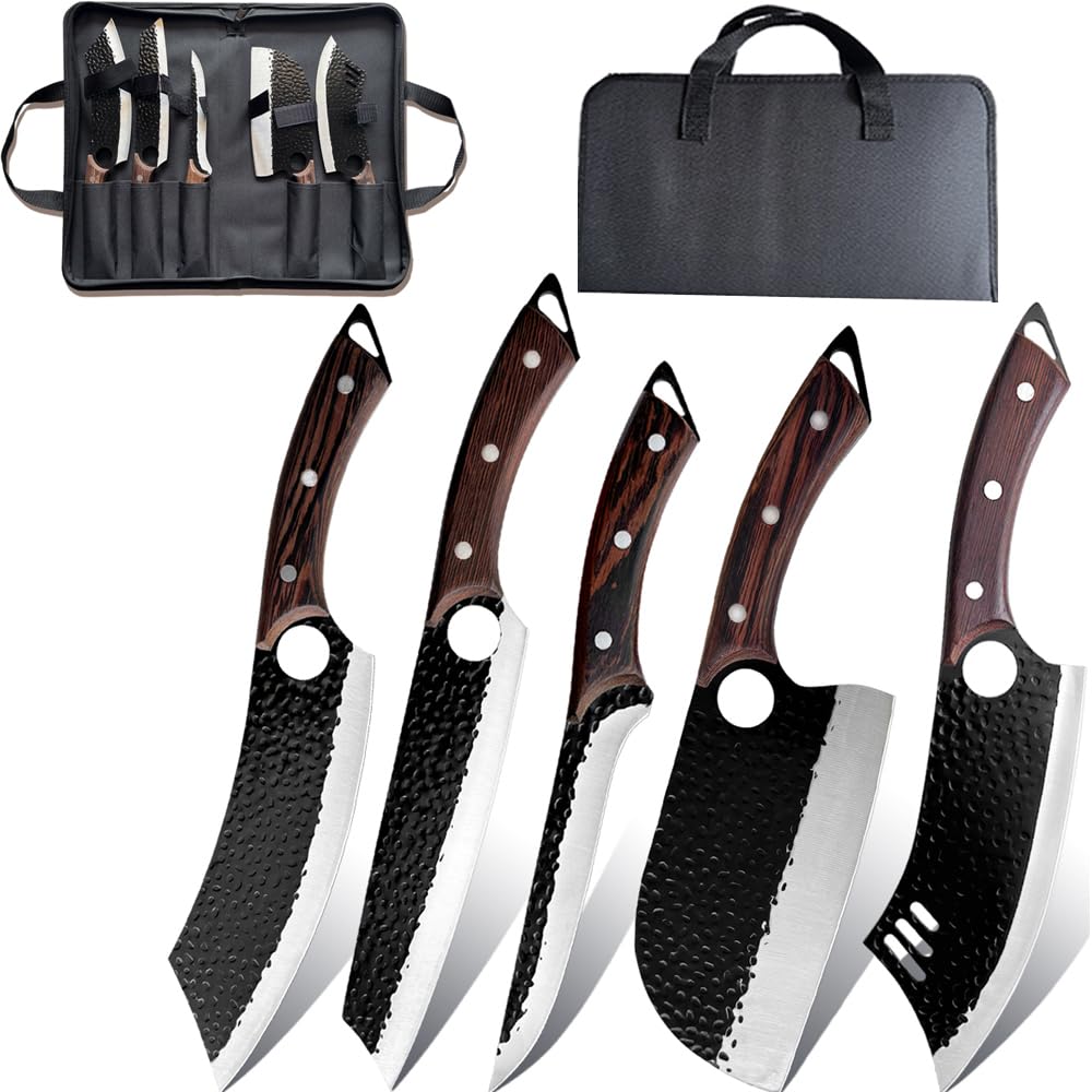 5 Stücke Kochmesser Set Mit Tasche, Küchenmesser, Handgeschmiedet Chefmesser, Perfekt zum Schneiden