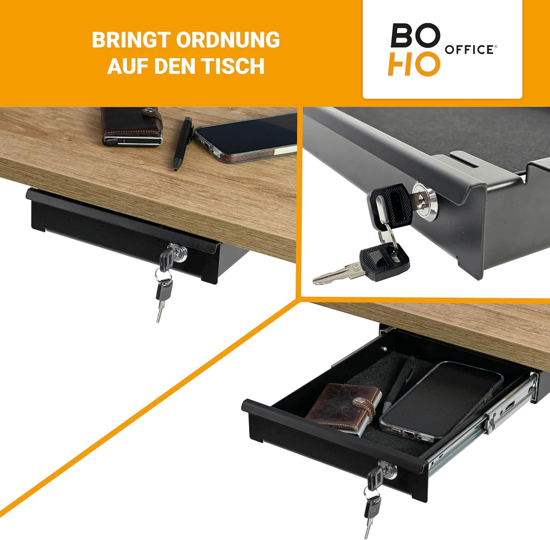 boho office® Schreibtisch Schublade schwarz – abschliessbar mit Schloss, inkl. Organizer & Filz, Unt