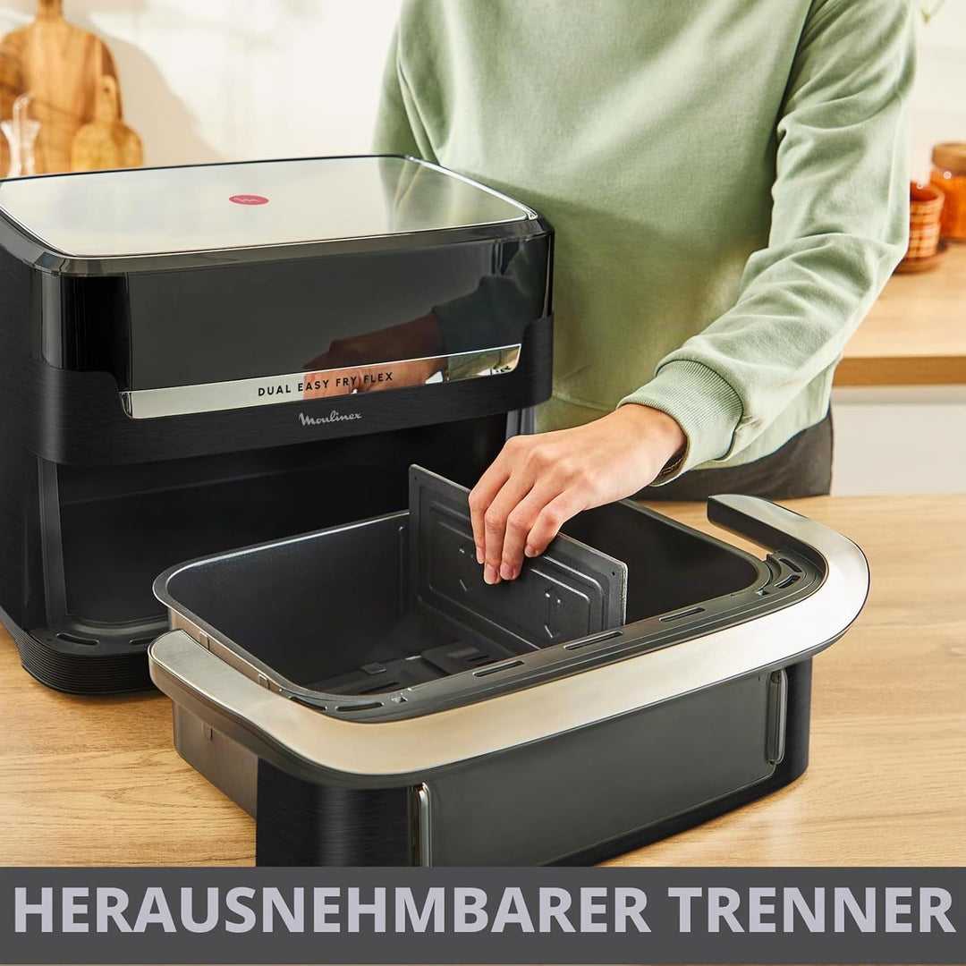 Moulinex Dual Easy Fry Flex, Luftfritteuse mit FlexCook Trennwand, 9 l Fassungsvermögen für bis zu 8