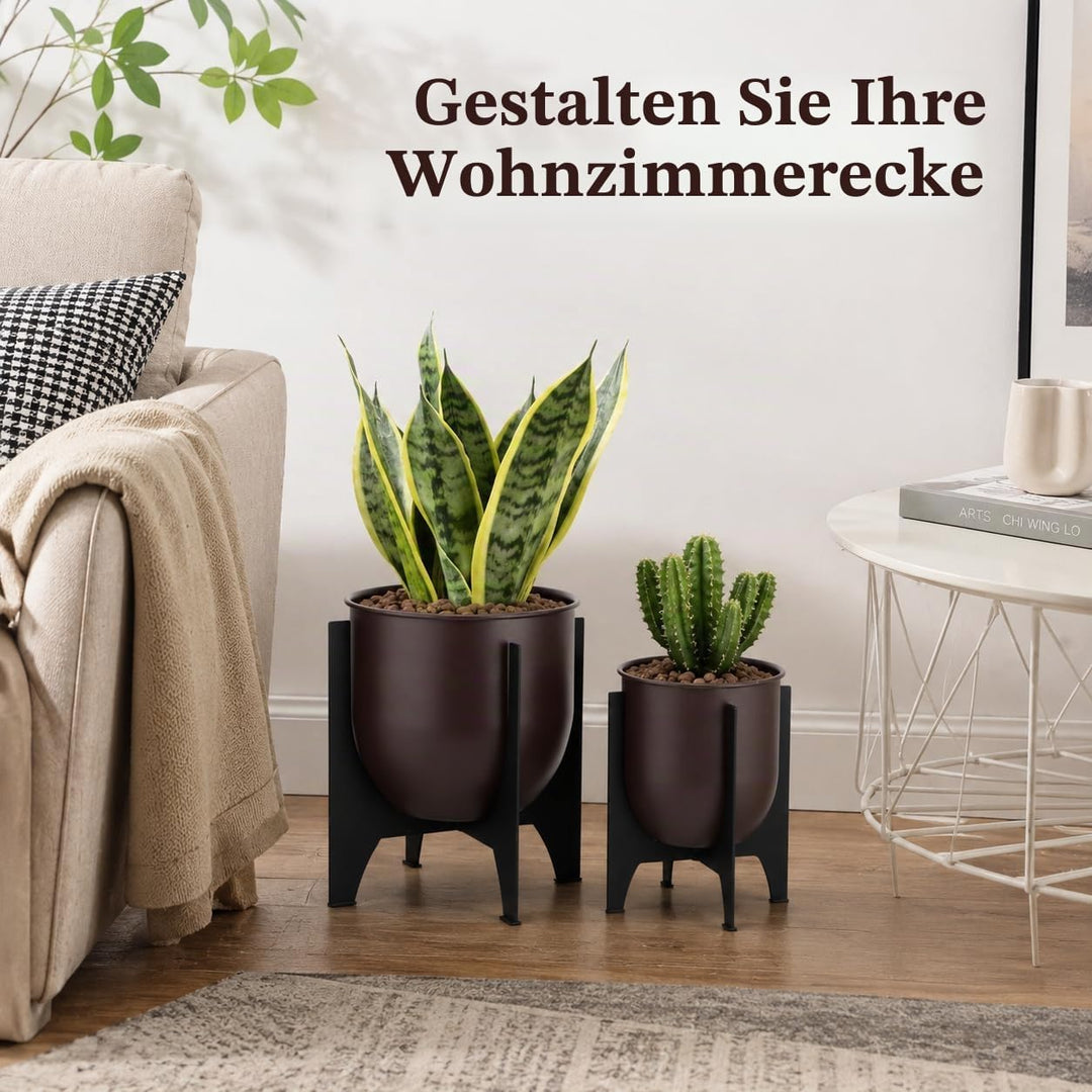 TRIROCKS 2er Set Blumentöpfe mit Metallständer 28/22cm Modern Indoor & Outdoor Pflanzgefässe für Woh