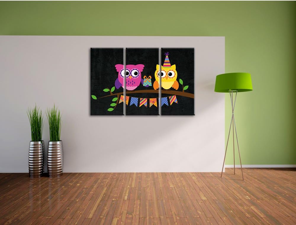 Pixxprint Eulen mit Geschenk auf AST als Leinwandbild/Grösse: 3 Teilig (120x80) cm/Wandbild/Kunstdru
