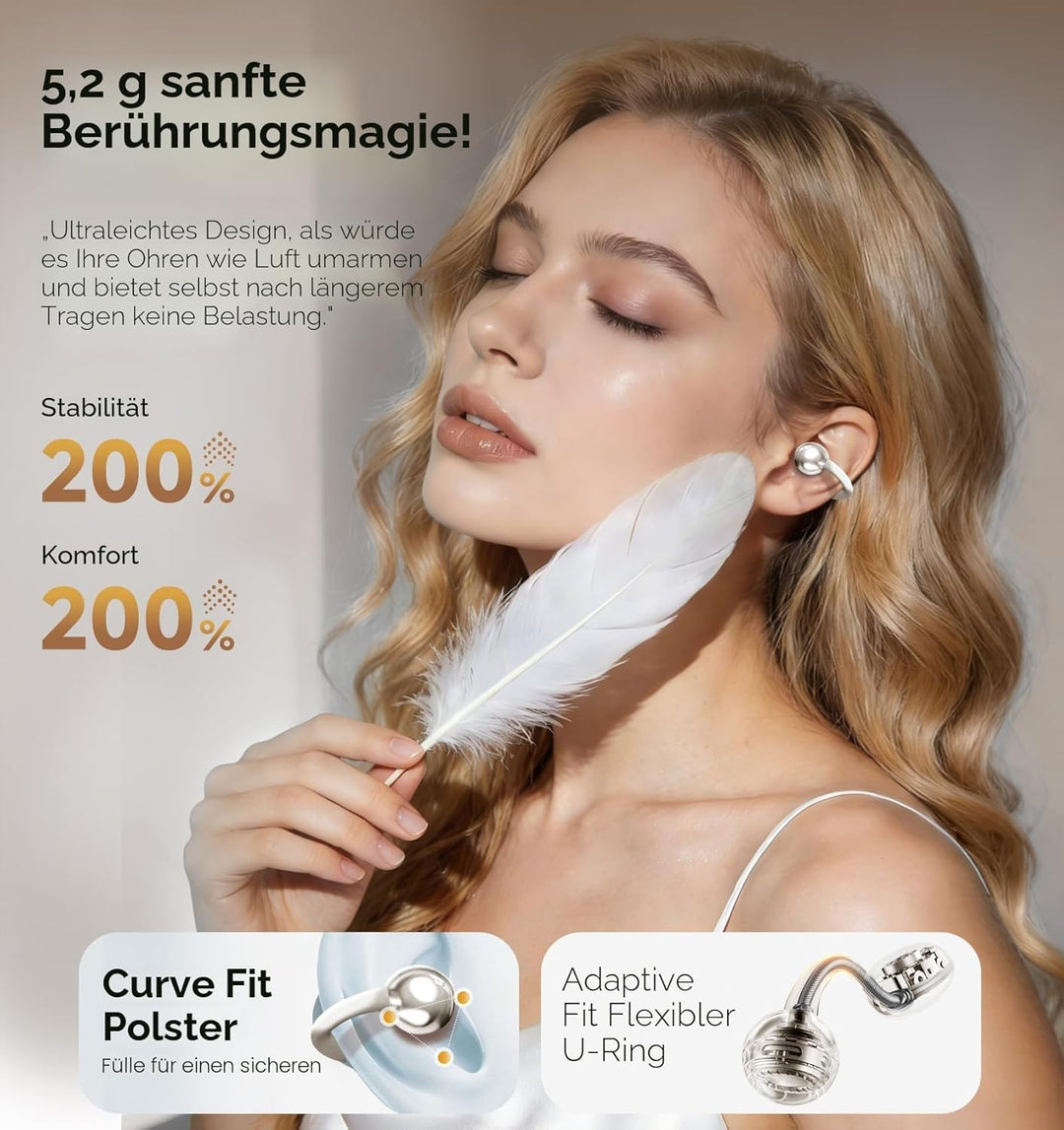 King Lucky Open-Ear-Kopfhörer Kabellos Bluetooth 6.0–Clip-On-Ohrhörer mit Mikrofon,50h Spielzeit,ENC