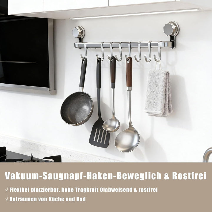 Hakenleiste Küche ohne Bohren mit 8 Haken,Küchenutensilienhalter Saugnapf Montage,45 cm lang,Halter