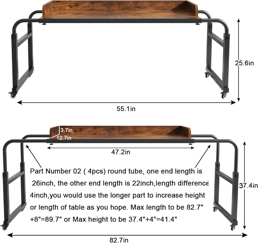 TigerDad Betttisch mit Rollen, moderner Stil, Braun, 55,1–210,1 x 65 x 46 cm, 158,8 kg Tragkraft