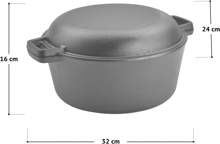 TAINO Gusseisen-Topf mit Pfannen-Deckel 6l Dutch-Oven Allzweck-Kochtopf aus Gusseisen Herd Ofen Lage