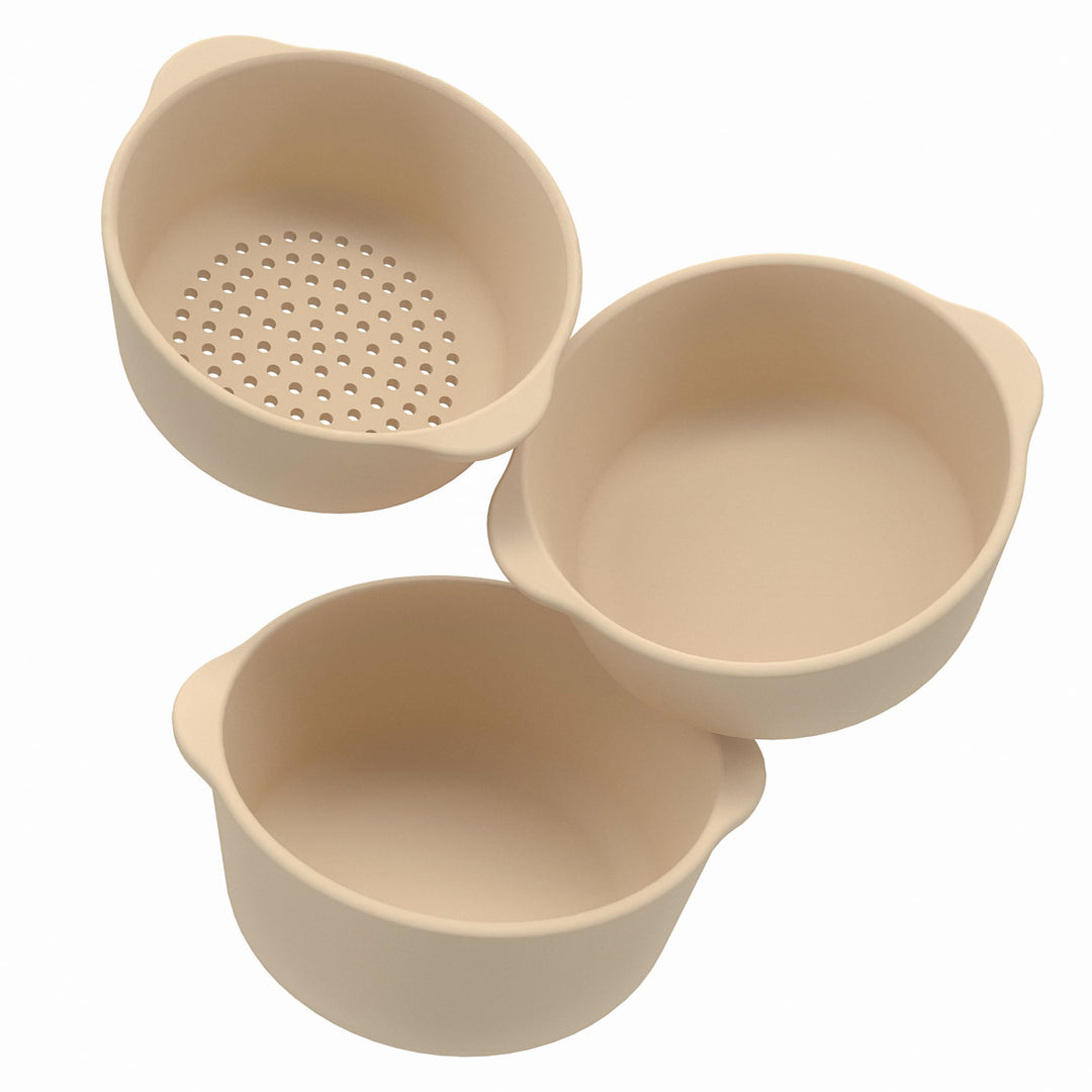 Inspire My Play – 3 x - Natur Stapelbare Silikonschalen und Sieb – Perfektes Zubehör für Sensory Pla