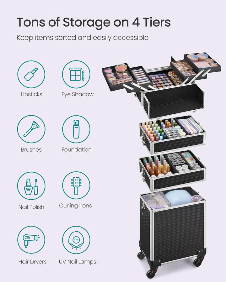 SONGMICS Kosmetikkoffer, Trolley, 4-in-1 Schminkkoffer, extra gross, Friseurkoffer, 34 x 24 x 79,3 c