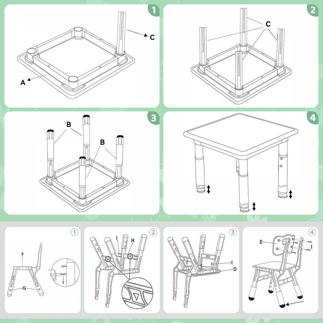 Verstellbares Kinder Schreibtisch Set mit 1 Tisch und 4 Stühlen - Höhenverstellbar, Multifunktional,