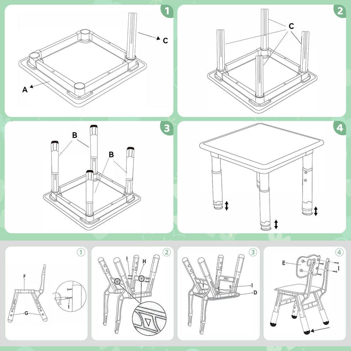 Verstellbares Kinder Schreibtisch Set mit 1 Tisch und 4 Stühlen - Höhenverstellbar, Multifunktional,