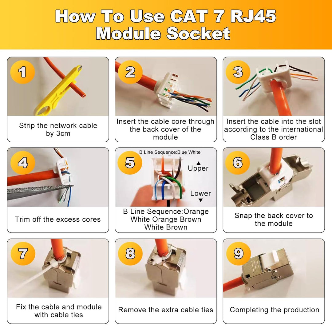 8x CAT 7 Keystone RJ45 Modul Buchse LAN Kabel 10 Gbit/s bis 1000 MHz AWG 22-24 werkzeuglos LSA vollg