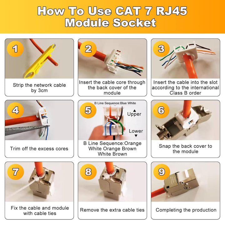8x CAT 7 Keystone RJ45 Modul Buchse LAN Kabel 10 Gbit/s bis 1000 MHz AWG 22-24 werkzeuglos LSA vollg