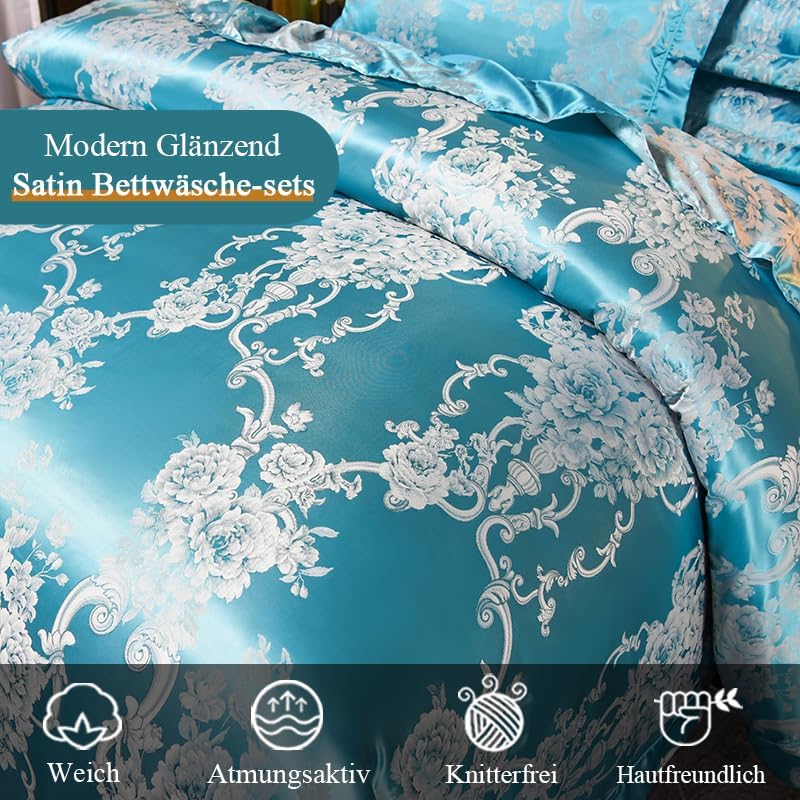 Tospass Satin Bettwäsche 155x220 Blau Microfaser 2Teilig Himmelblau Jacquard Stickerei Prozess Blume
