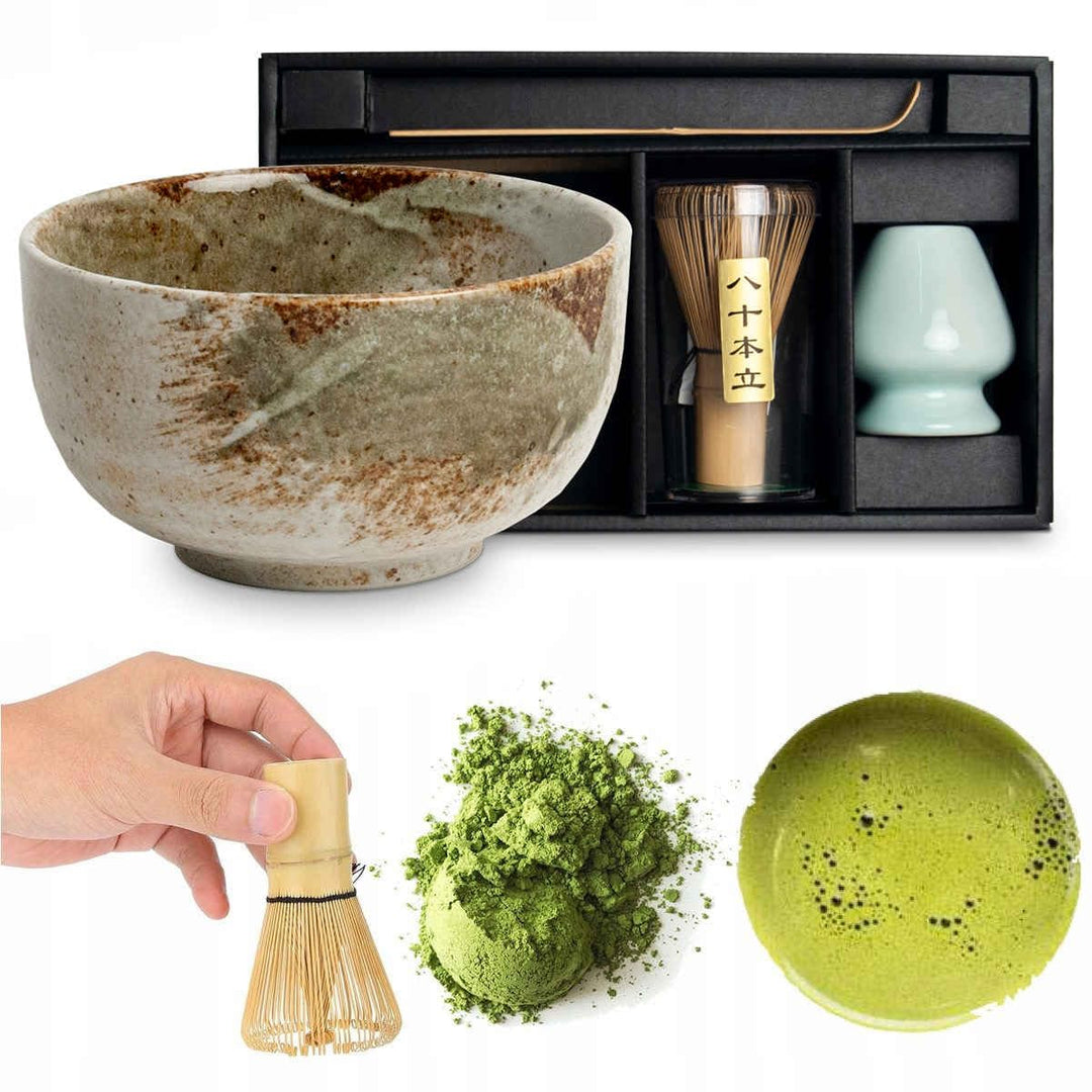 Matcha Set 4 tlg. Original japanische Schale mit Besen & Löffel Edo Japan Geschenkverpackung mit Mat