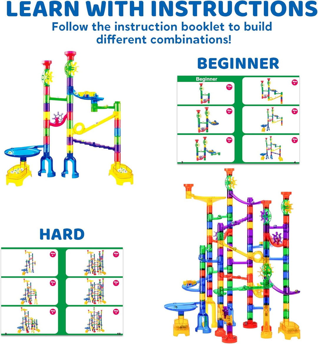 JOYIN 170 Stück Mehrfarbige Murmelbahn Marble Run Set mit 120 Kunststoffteile 50 Glasmurmeln, Bauste
