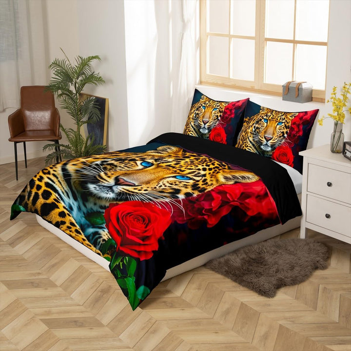 Homewish Leopard Bettbezug, Cheetah Bettwäscheset Rose Blume Trösterbezug 135x200, Für Kinder Jungen