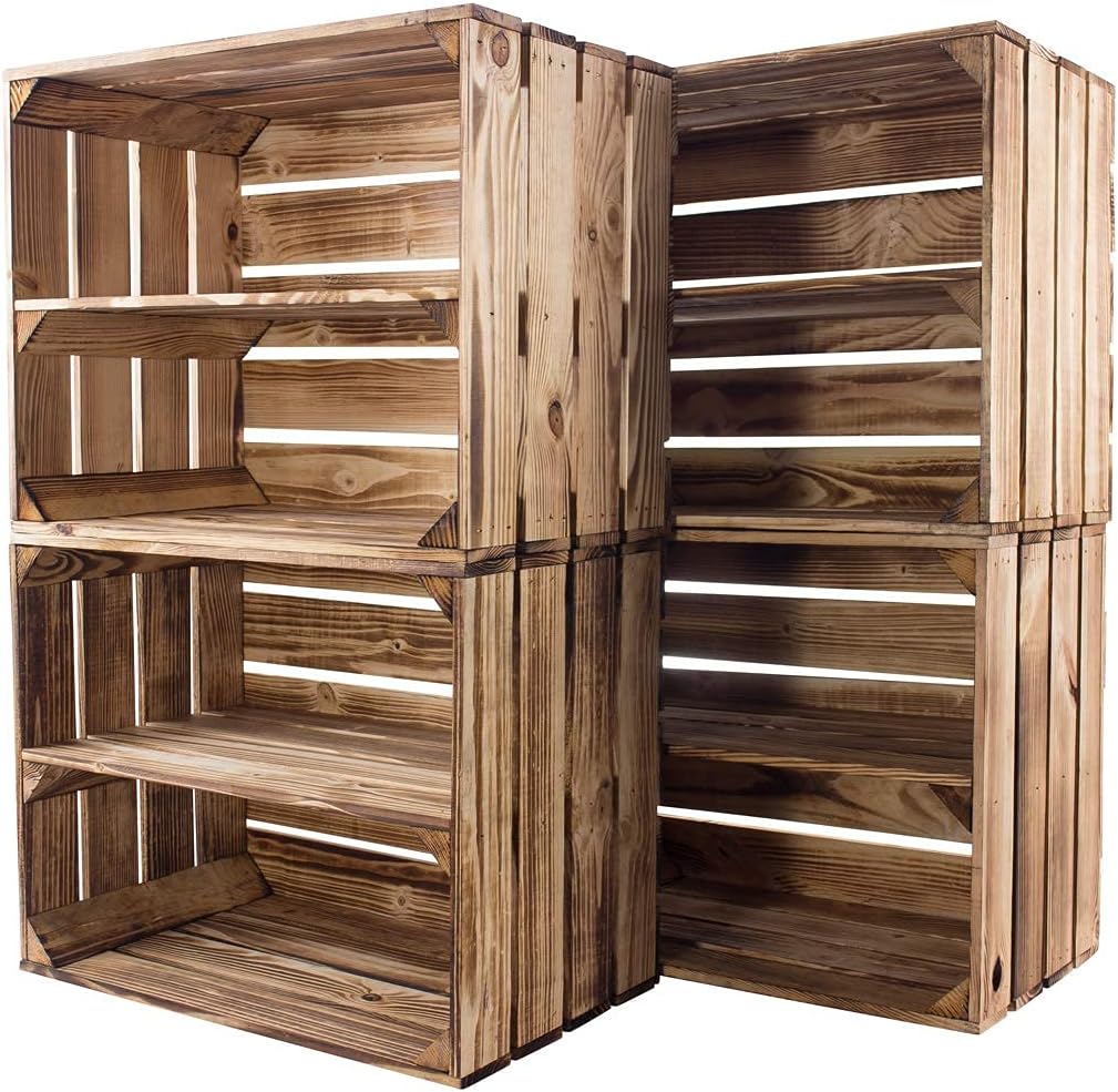 Vintage-Möbel24 3er Set Obstkisten mit Zwischenbrett – geflammt – Holzkisten als Schuhregal 50x30x40