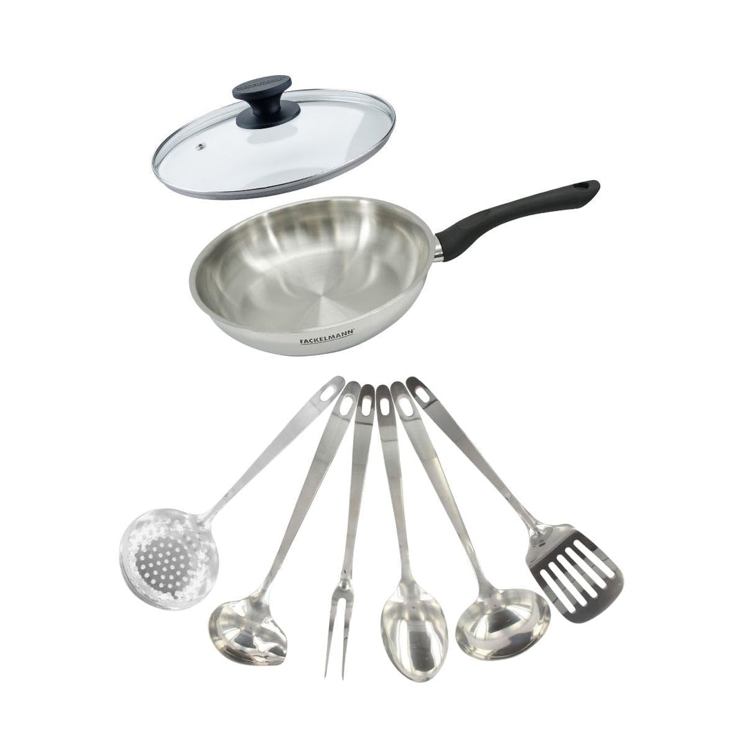 Fackelmann 9445450 Pfannenset 24 cm aus Edelstahl 18/8, Glasdeckel und 6 Edelstahlutensilien, Bratpf