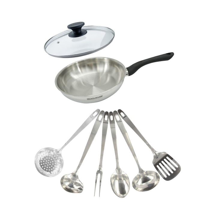 Fackelmann 9445450 Pfannenset 24 cm aus Edelstahl 18/8, Glasdeckel und 6 Edelstahlutensilien, Bratpf