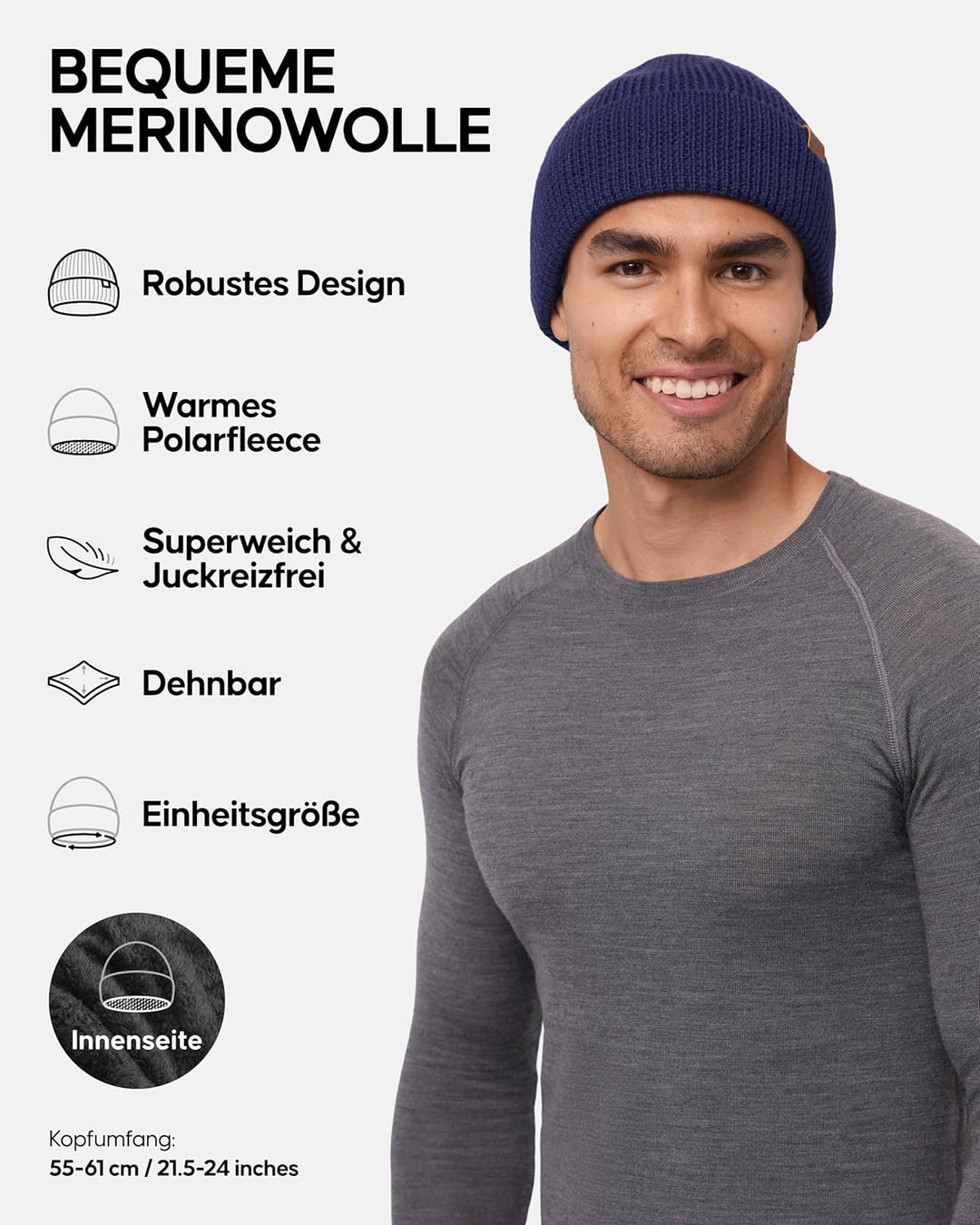 DANISH ENDURANCE Merinowolle Mütze mit Fleece, Warme Wintermütze, Stretchy & Bequem, Unisex, Beanie