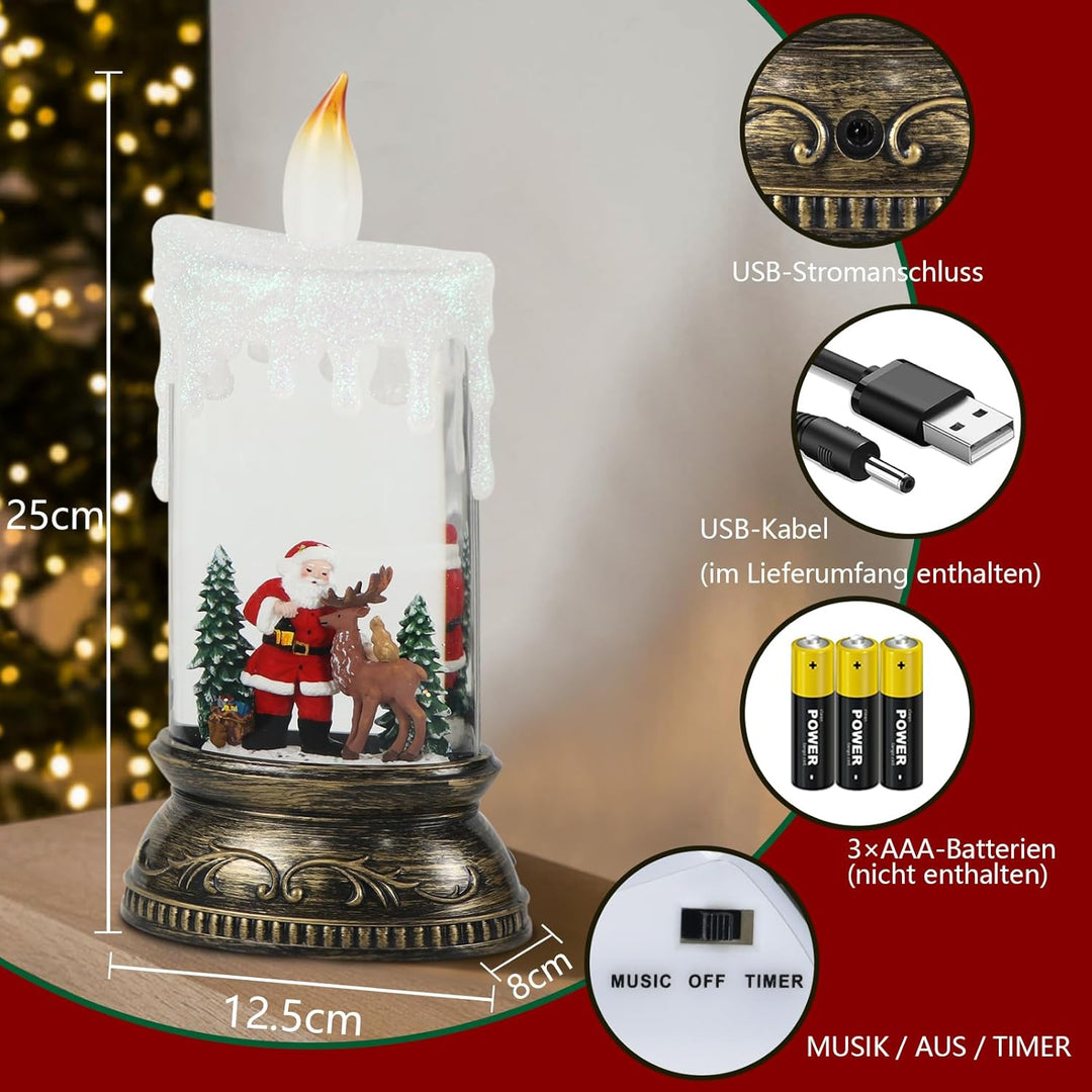 Eldnacele Schneekugel Weihnachtslaterne mit Timer & Musik, fliegendem Weihnachtsmann mit Rentieren,