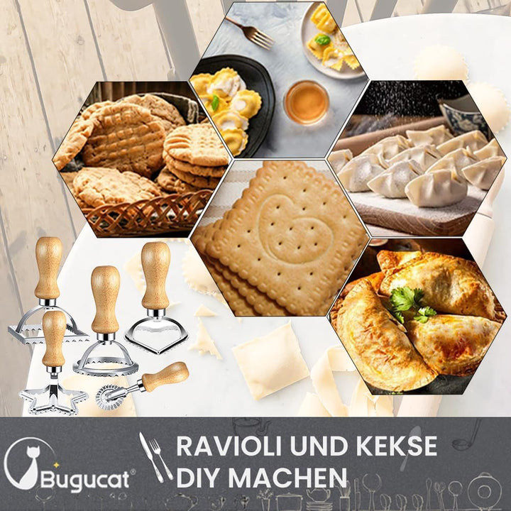 Bugucat Ausstechformen, Ravioli Ausstecher Former, Teigtaschenrad Former mit Holzgriff und Geriffelt