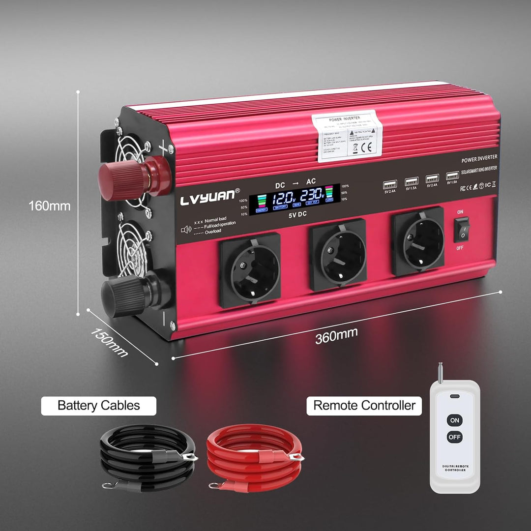 Wechselrichter 2500W / 5000W Spitze 12V 230V Spannungswandler | Fernbedienung | LCD | 4
