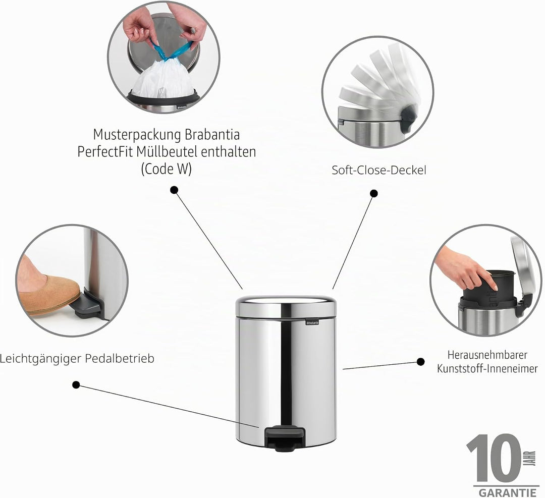 Brabantia Treteimer mit Inneneimer aus Kunststoff, stahl, Brilliant Steel, 5L, Brilliant Stahl 5 Lit