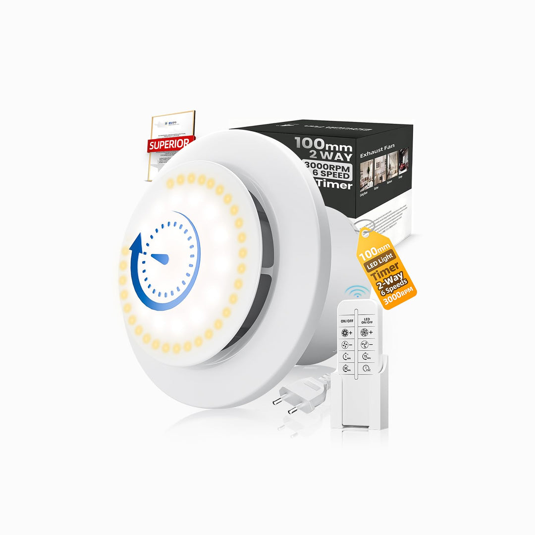 100mm Badlüfter mit Nachlauf & LED Beleuchtung,3000U/min 220m³/h,2 Wege 6 Drehstufen mit Anzeigelamp