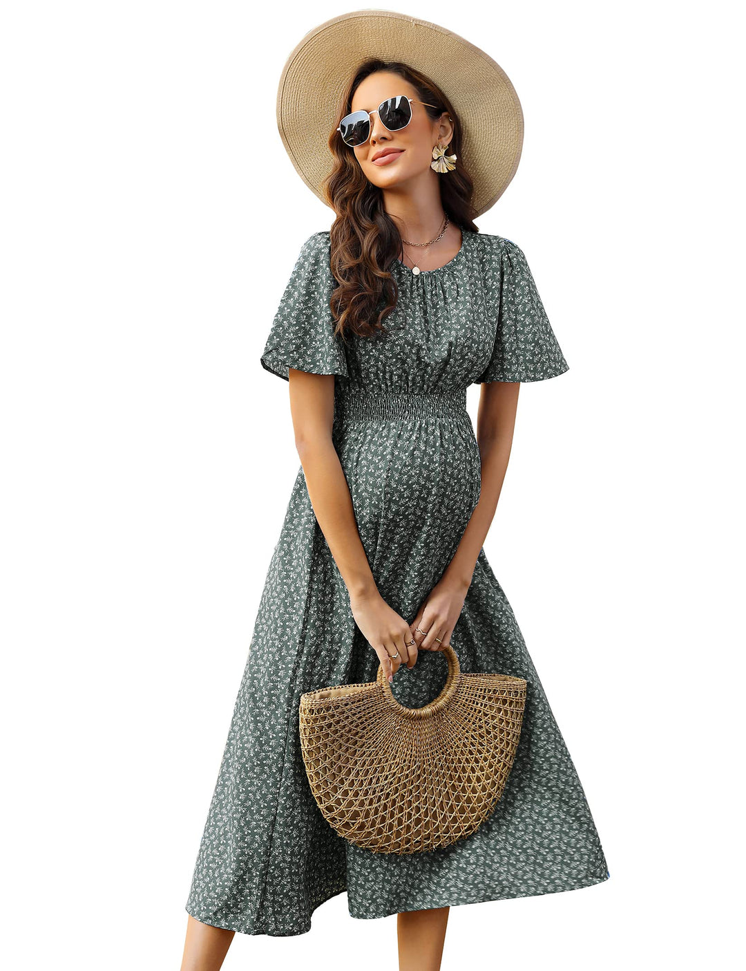 KOJOOIN Damen Umstandskleid Kurzarm Schwangerschafts Bedrucktes Kleid mit Rundhalsausschnitt und Rüs