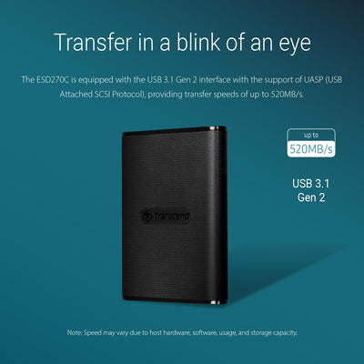 Transcend 1TB USB 3.1 Gen 2 USB Typ-C ESD270C Portable SSD Solid State Drive TS1TESD270C, 1TB