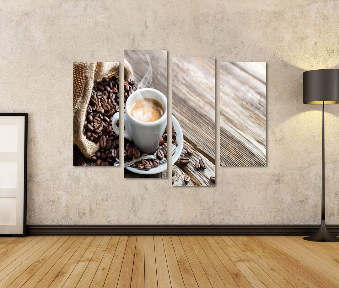 islandburner Bild auf Leinwand Espresso Kaffeetasse Mit Bohnen Auf Vintage Tisch Bilder Wandbilder P