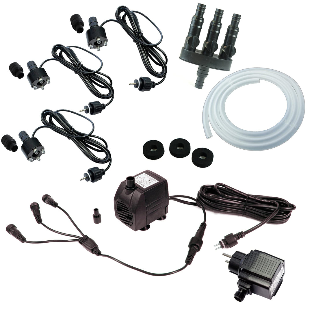 Arnusa Springbrunnen Pumpe 800 L/H Komplett Set mit 3er LED-Beleuchtung inkl.3 Wege Schlauchadapter,