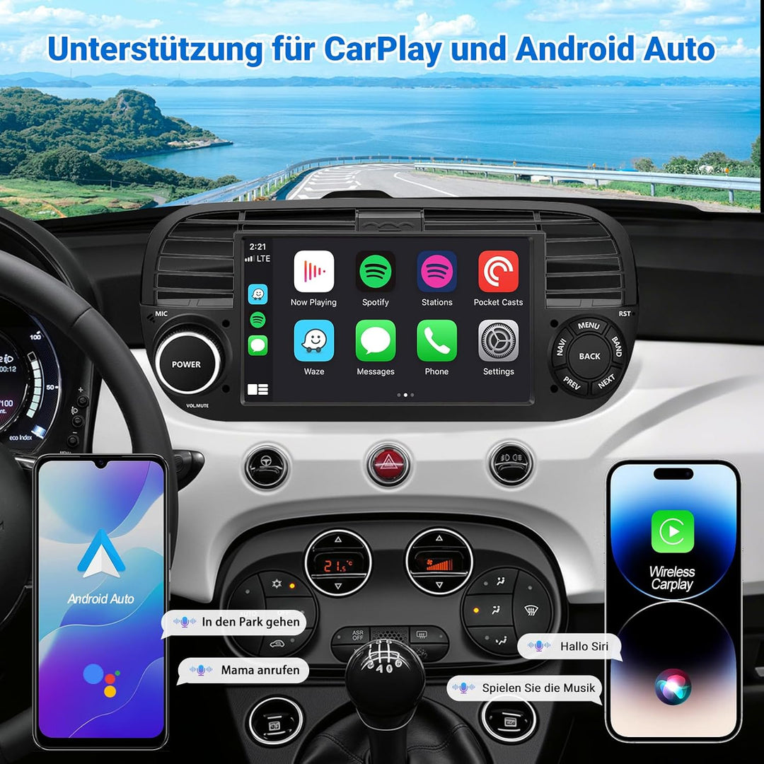 ESSGOO 4+64G Wireless Autoradio Android 14 mit Carplay und Android Auto Für FIAT 500 2007-2015 mit 7