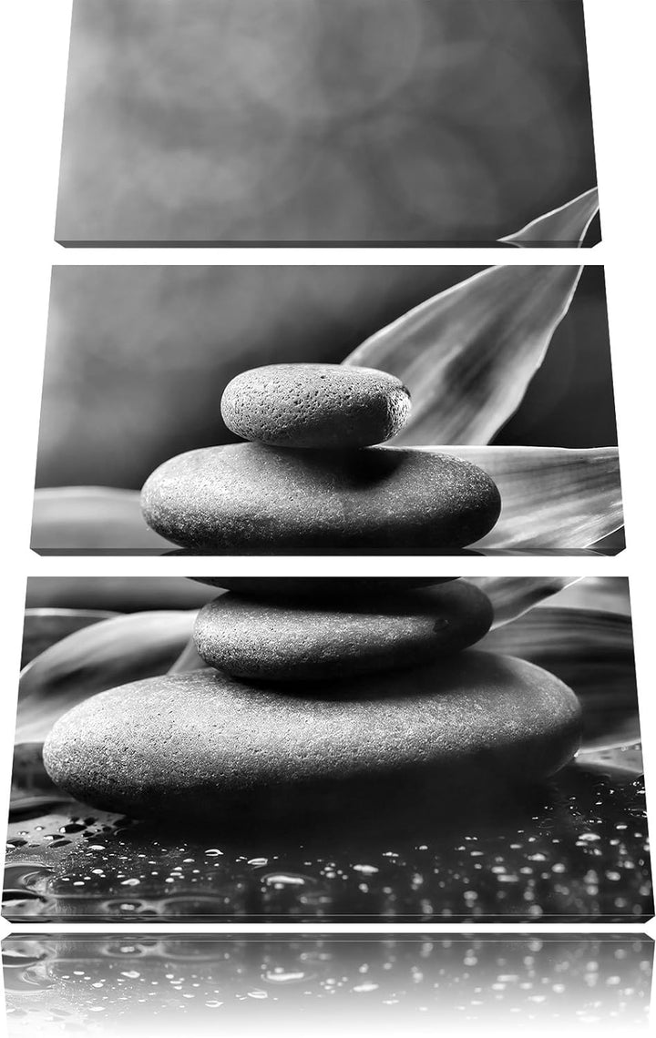 Pixxprint Zen Steine mit Blättern als Leinwandbild/Grösse: 3 Teilig (120x80) cm/Wandbild/Kunstdruck/
