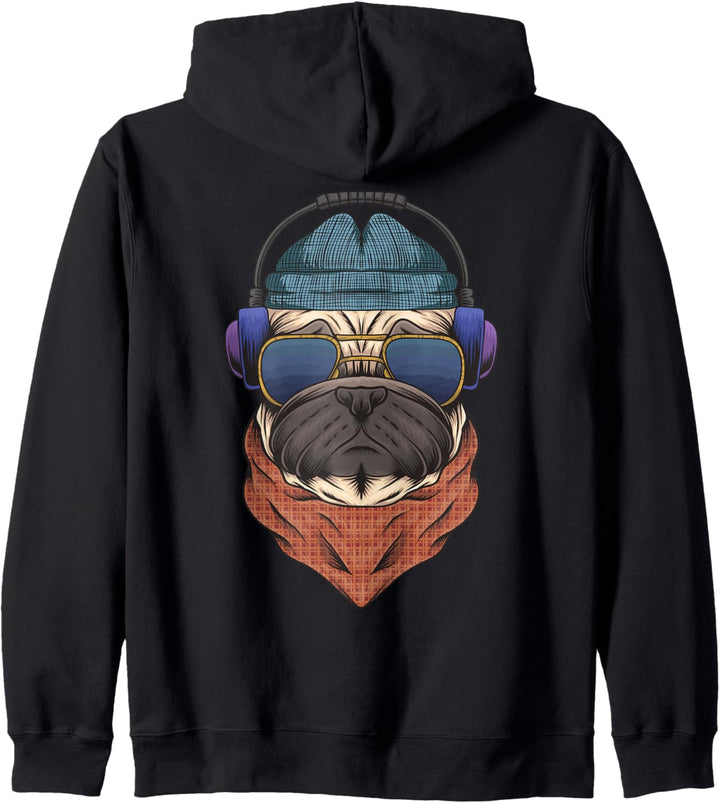 Mops Hund mit Mütze Kopfhörern Sonnenbrille Hunde Kapuzenjacke