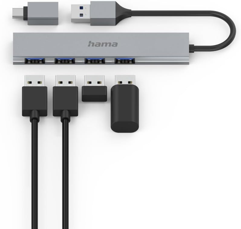 Hama USB-Hub 4 Ports (USB-A und USB-C-Anschluss, 4X USB-A für Maus, Tastatur, Externe Festplatte, US