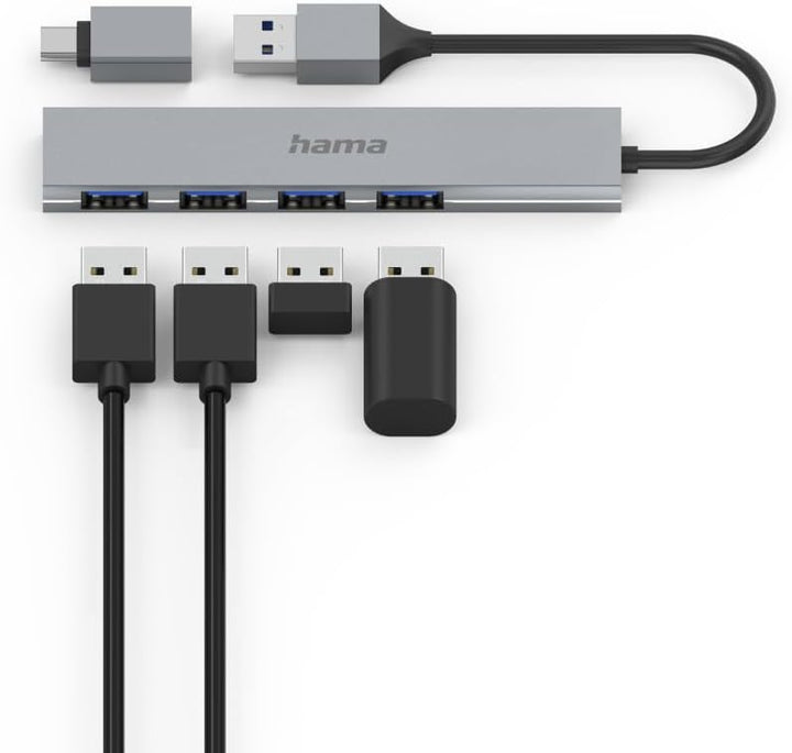 Hama USB-Hub 4 Ports (USB-A und USB-C-Anschluss, 4X USB-A für Maus, Tastatur, Externe Festplatte, US