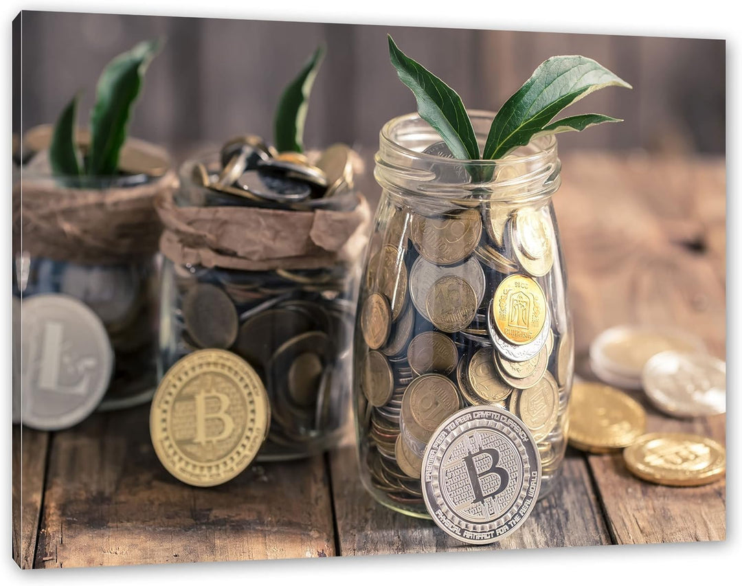 Pixxprint Bitcoins BTC im Glas als Leinwandbild | Grösse: 120x80 cm | Wandbild | Kunstdruck | fertig