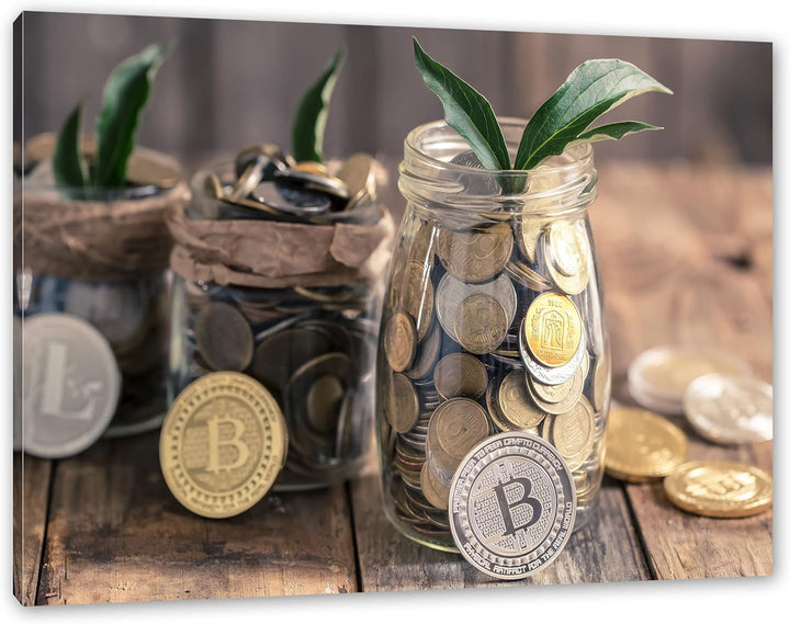 Pixxprint Bitcoins BTC im Glas als Leinwandbild | Grösse: 120x80 cm | Wandbild | Kunstdruck | fertig