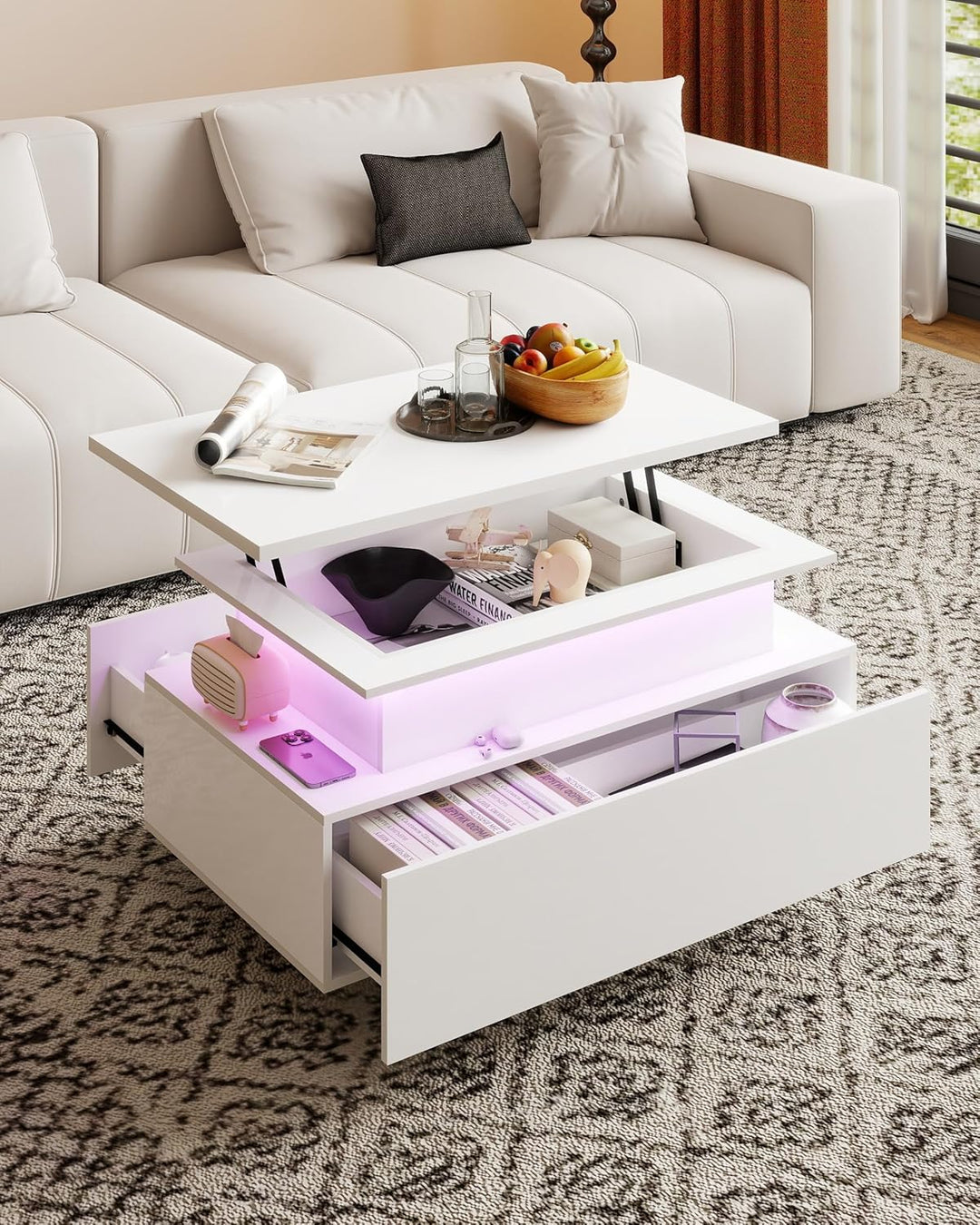 Couchtisch Höhenverstellbar Weiss Hochglanz, Couchtisch Aufklappbar mit Stauraum Modern, Wohnzimmert
