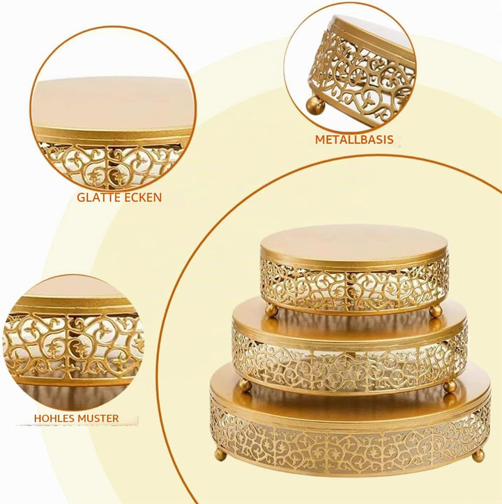 3Pcs Tortenständer, Goldener runder Metall Kuchenständer Cupcake Halter für Partys, Keks Dessert Tel